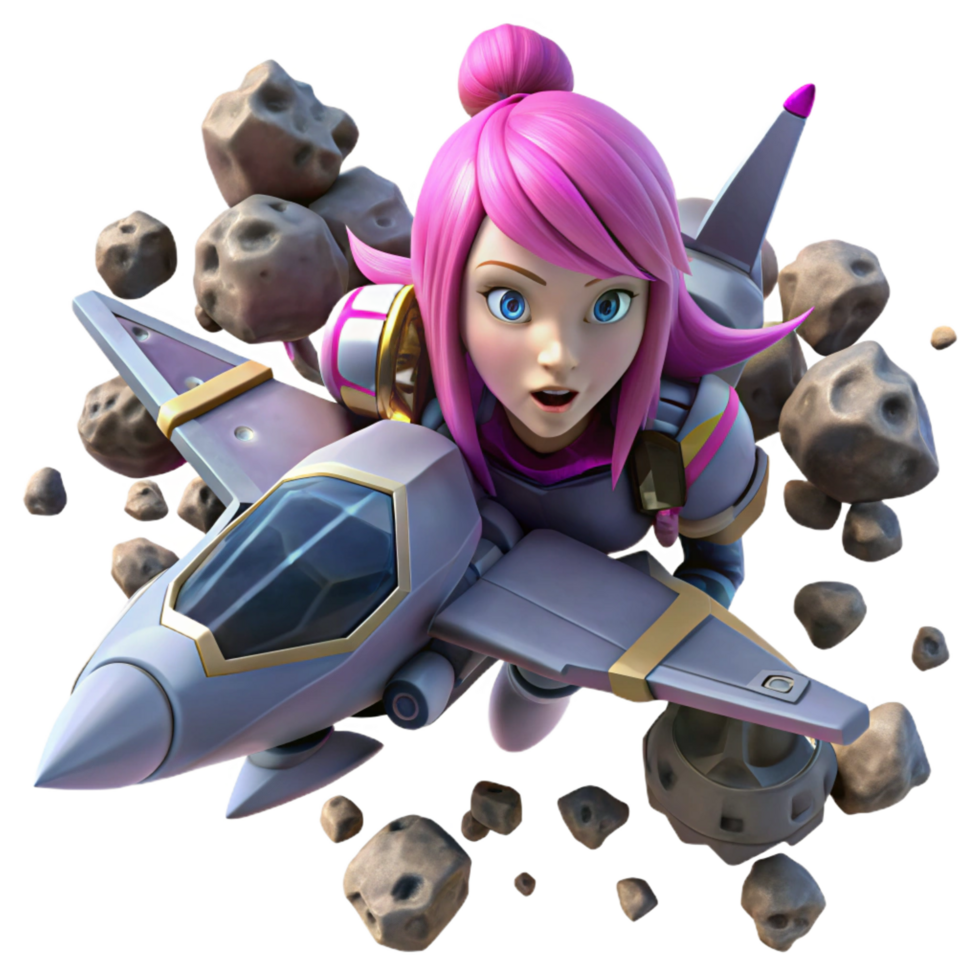 majestic exemplary A young woman, with cybernetic implants and vibrant pink hair, pilots a futuristic fighter jet through a chaotic asteroid field. Dynamic, action packed lighting. Anime style png