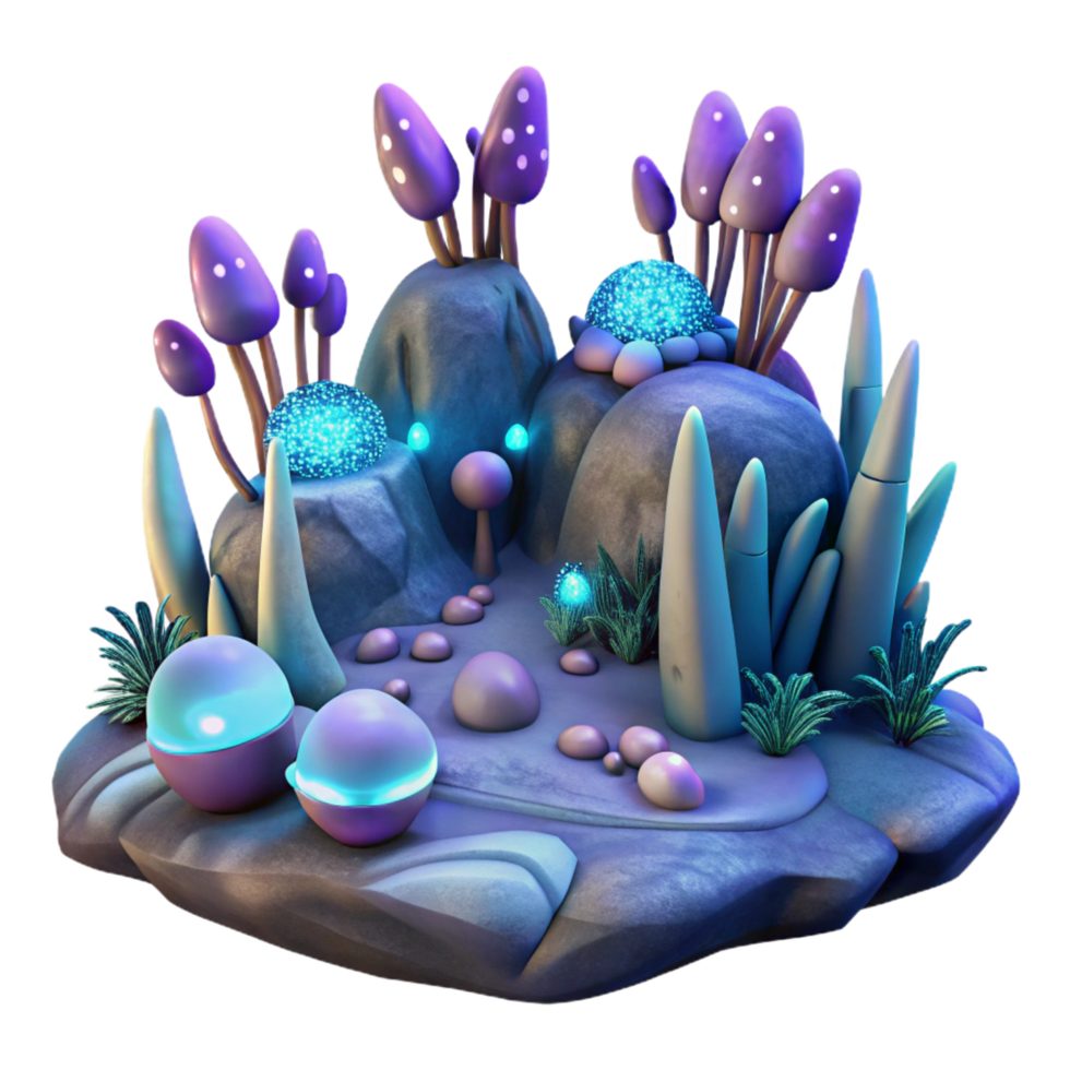 acclaimed baroque An alien landscape with strange, bioluminescent plants and rock formations. Alien planet style. Twilight lighting 8K png