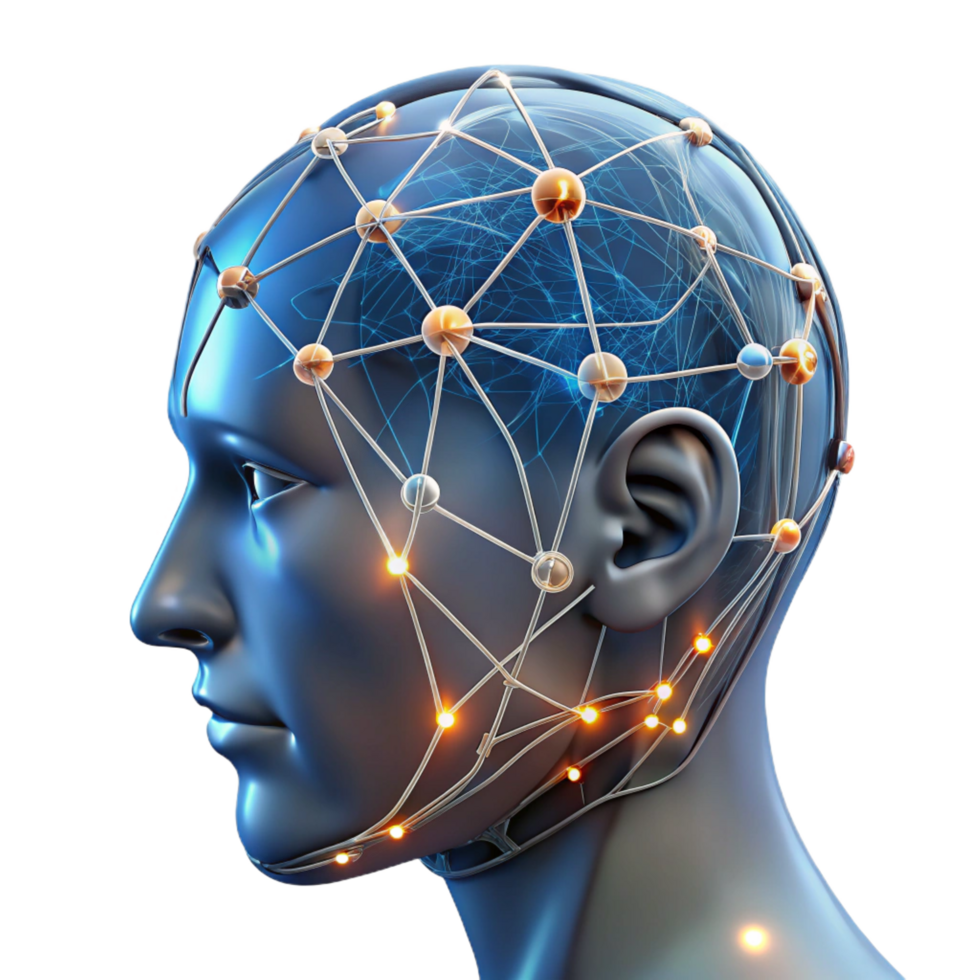 tranquil fascinating A transparent human head with glowing neural networks visible inside, intricate connections and pathways, dark background, scientific illustration style professional png