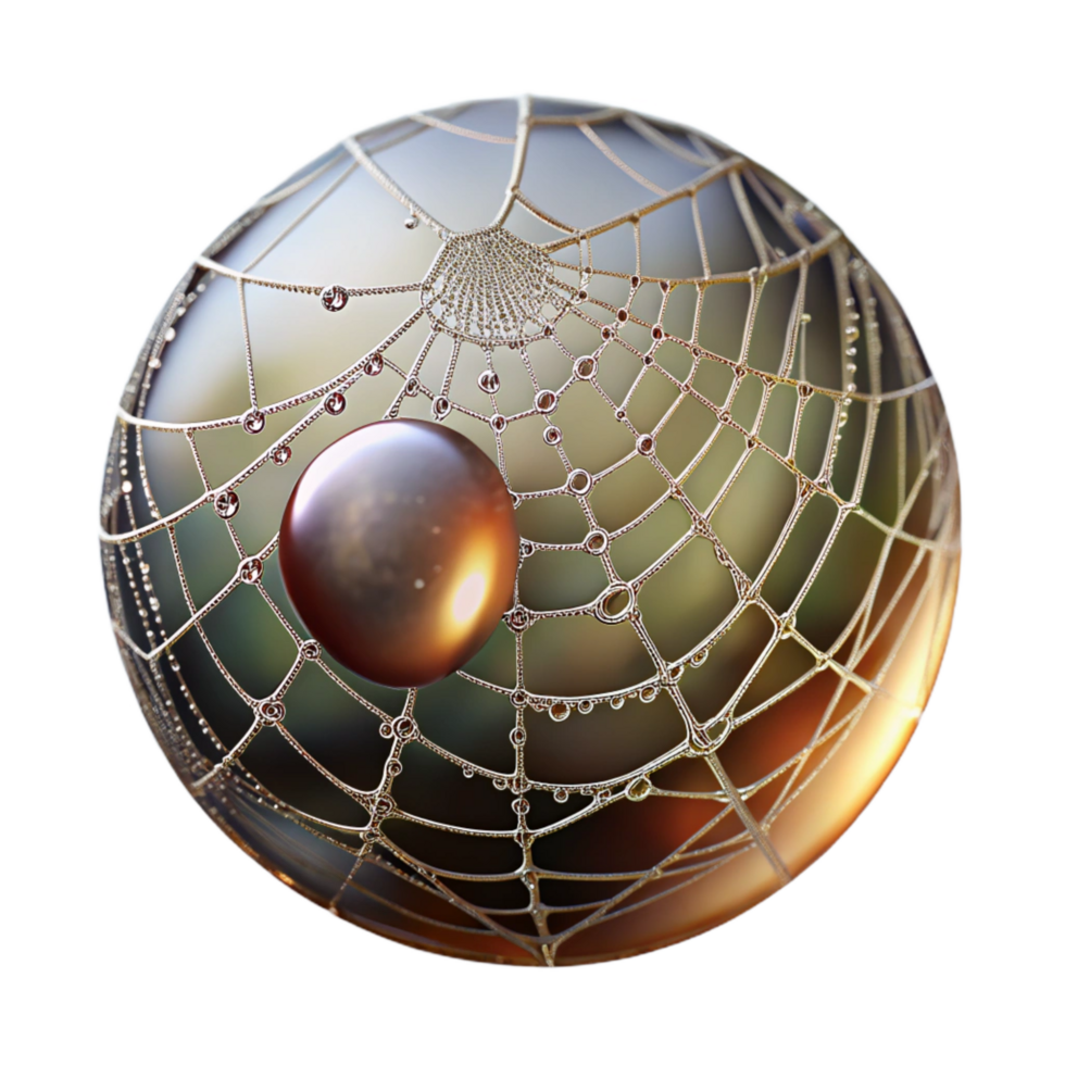 striking melancholic mid century A close up of a dewdrop on a spiderweb, glistening in the early morning sunlight, intricate web design visible, macro photography style precision png