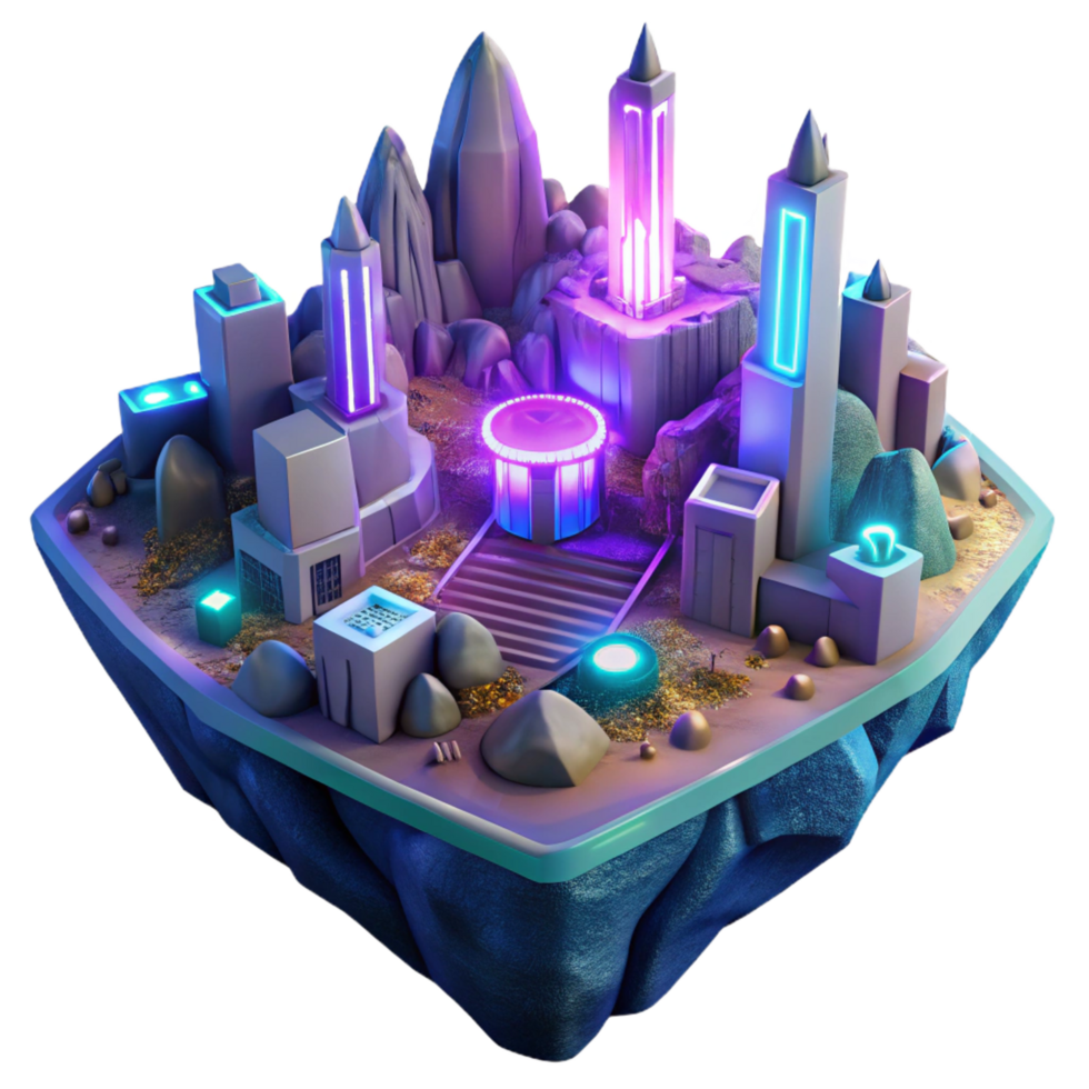 captivating peaceful artistic A futuristic city built within a massive crater, illuminated by a network of glowing pathways and structures, vibrant neon colors, cyberpunk style flawless png