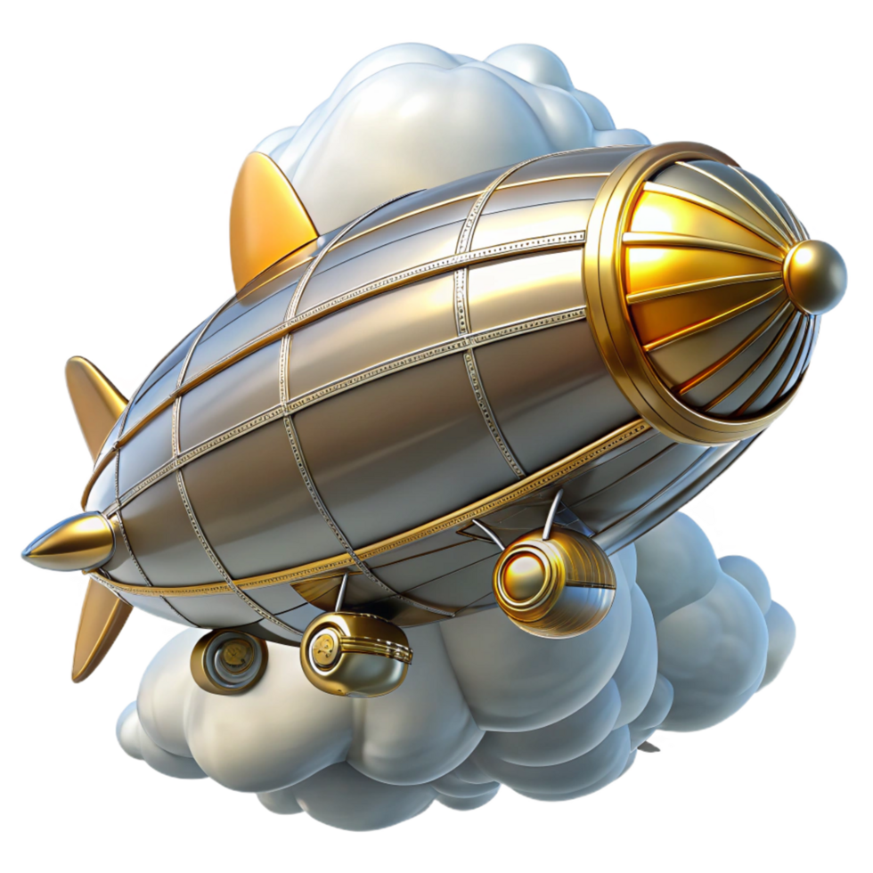 inspired traditional A steampunk zeppelin, sleek silver and gold, soaring through a cloudy sky, bright, sunny lighting, art deco style perfect clarity png