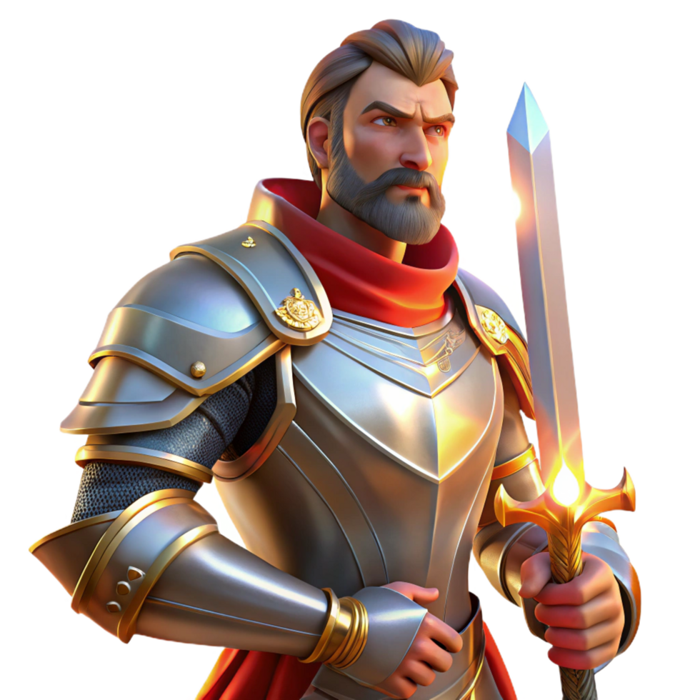 splendid coveted Portrait of a noble knight in shining armor, holding a sword, lit by dramatic sunlight, in a heroic style png