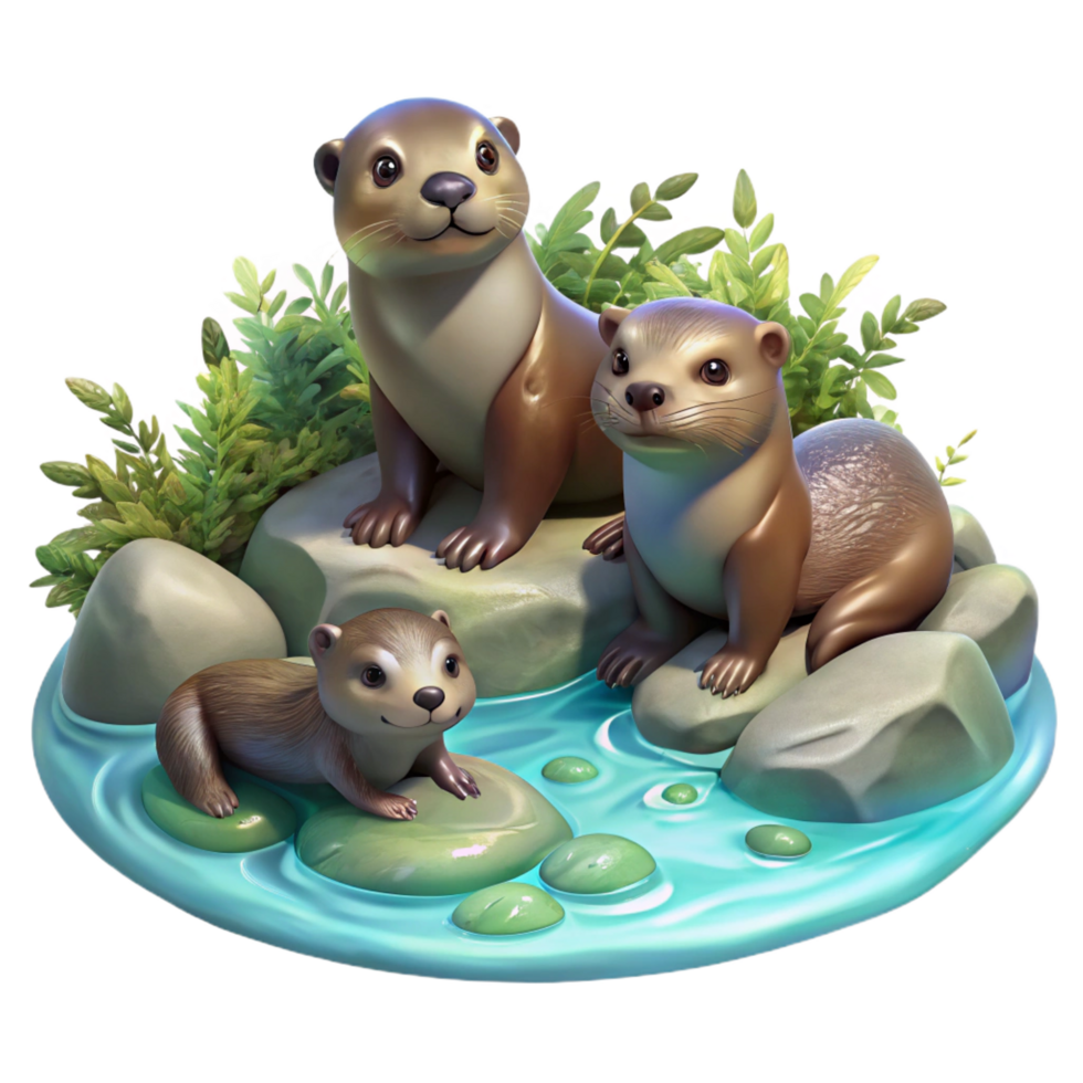 exquisite remarkable A playful family of otters frolicking in a crystal clear stream, dappled sunlight filtering through the leaves above, painted in an impressionistic style png