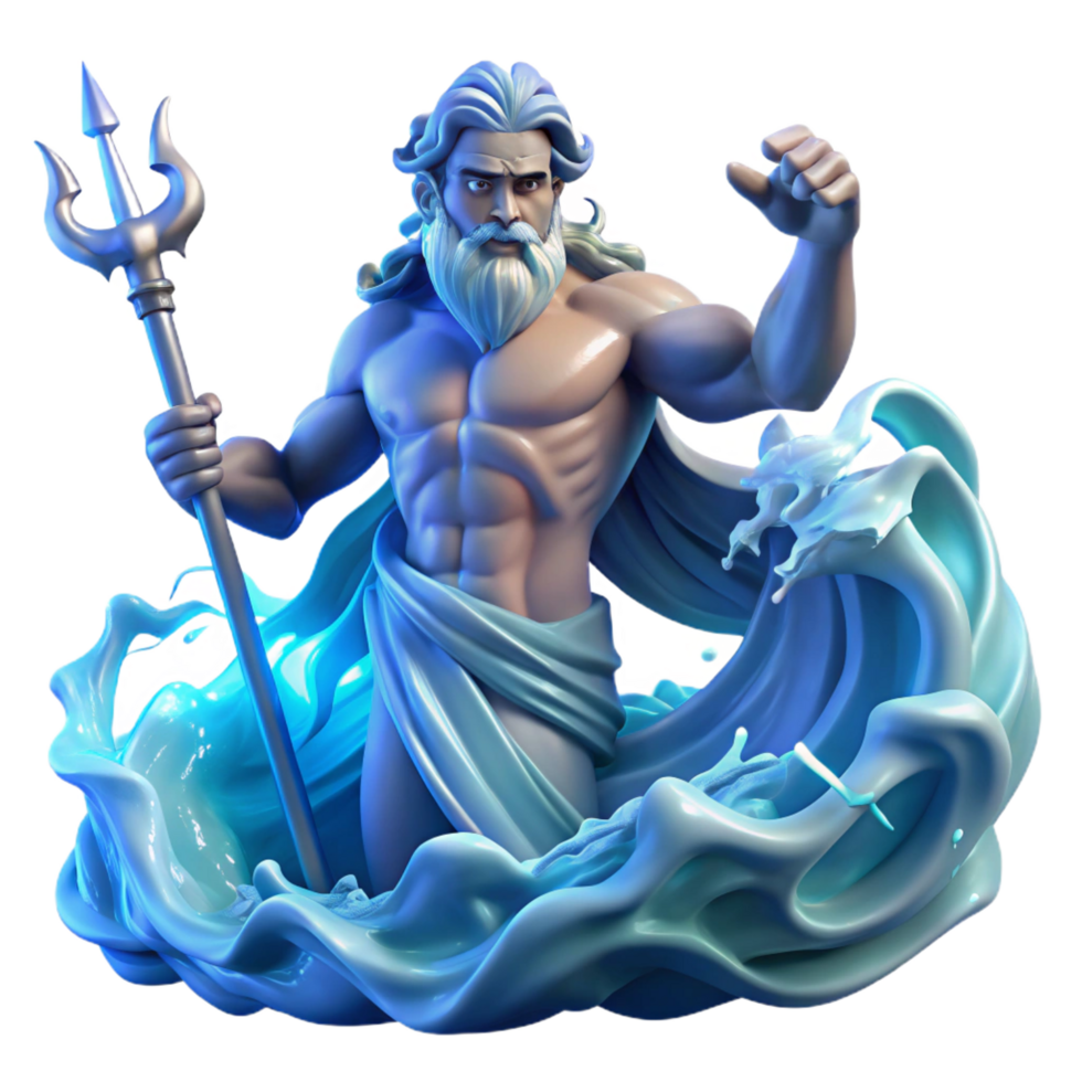 distinctive bohemian Poseidon, God of the Sea, rising from a tempestuous ocean, wielding his trident, lightning illuminating the scene, dramatic and dynamic style, high quality png
