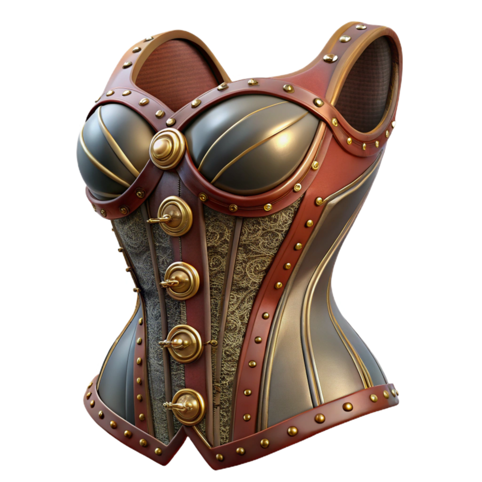 extraordinary signature A steampunk corset, intricate lacing and brass embellishments, fitted on a mannequin, soft studio lighting png