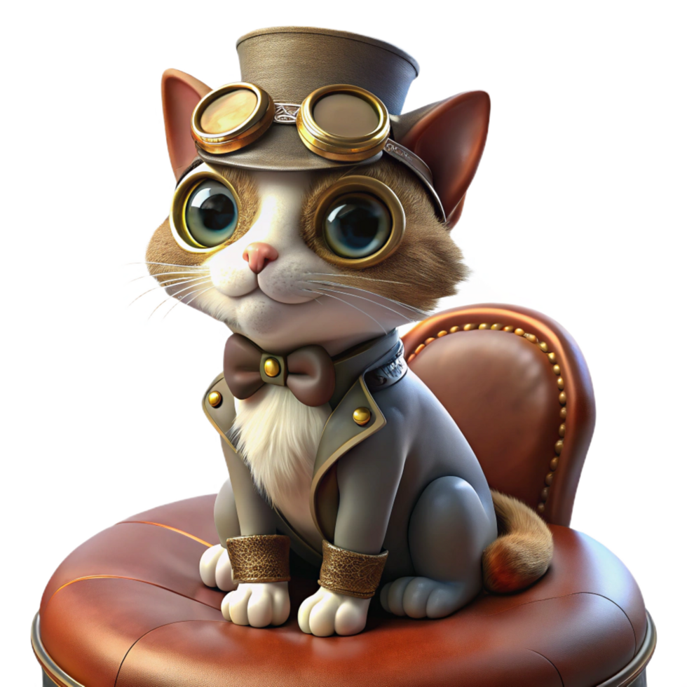 pristine dramatic impressionist A portrait of a steampunk cat wearing intricate goggles and a tiny top hat, sitting on a velvet cushion. Warm, Rembrandt lighting. Painterly style elite png