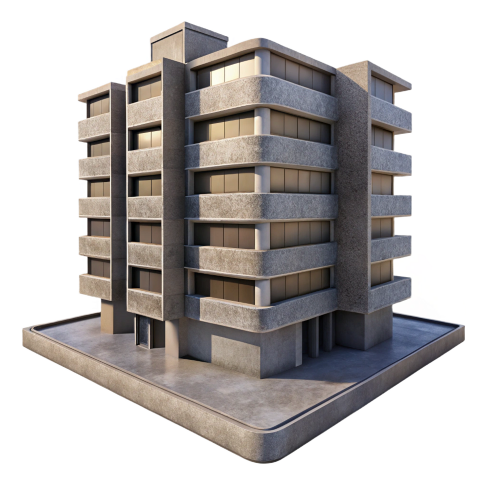 wonderful inspired A Brutalist concrete apartment complex, harsh midday sunlight, gritty and realistic style png