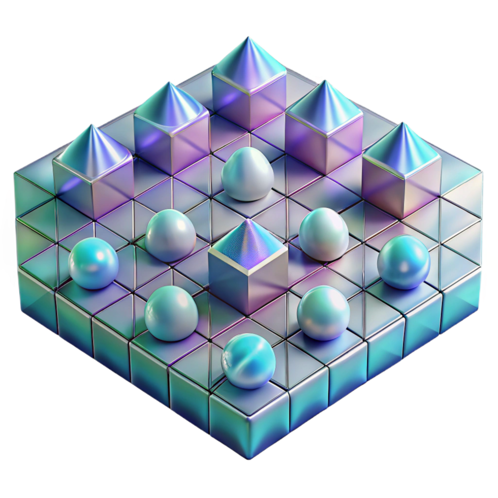 spectacular minimalist A field of geometric shapes arranged in a grid pattern, with a holographic texture and a shifting color scheme. Ambient occlusion exclusive png