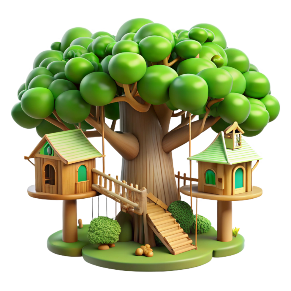 captivating dramatic contemporary A treehouse village connected by rope bridges, lush green foliage, dappled sunlight, whimsical style, handcrafted png