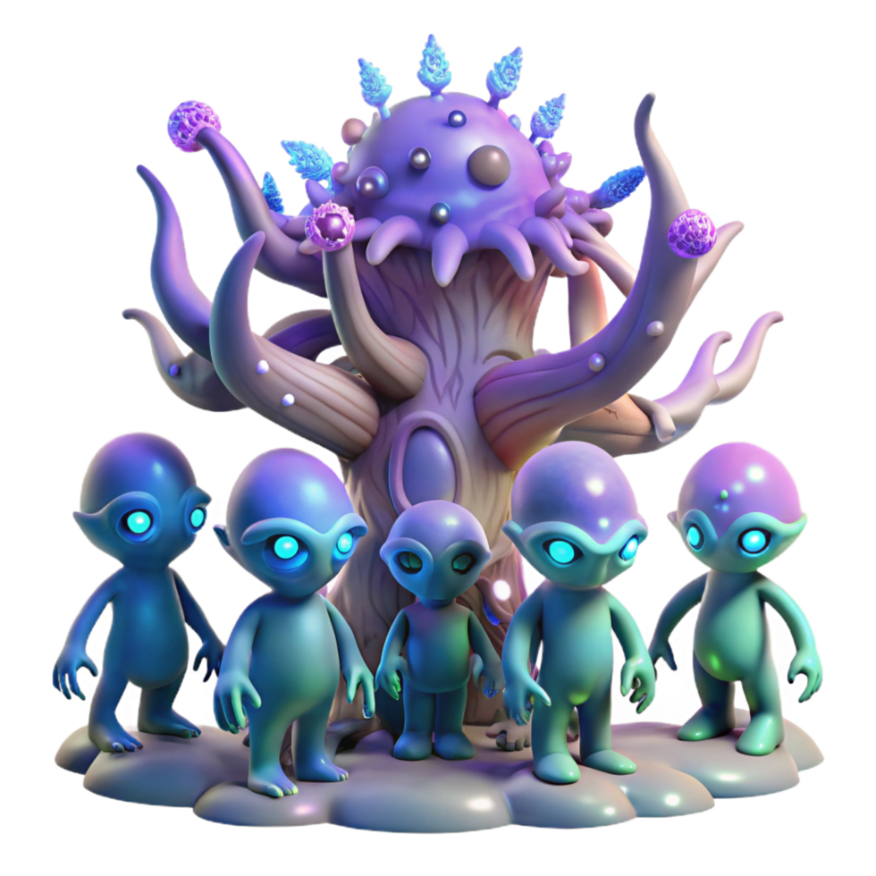 enchanting exceptional A group of alien creatures with iridescent scales, gathered around a bioluminescent tree, ethereal lighting, fantasy art style png
