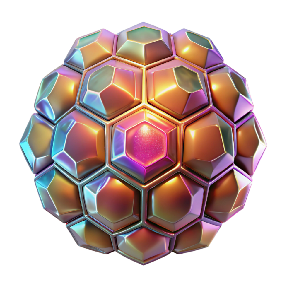 timeless geometric A kaleidoscope of tessellated hexagons, shimmering with holographic textures, lit by a warm ambient glow, in a minimalist style detailed png