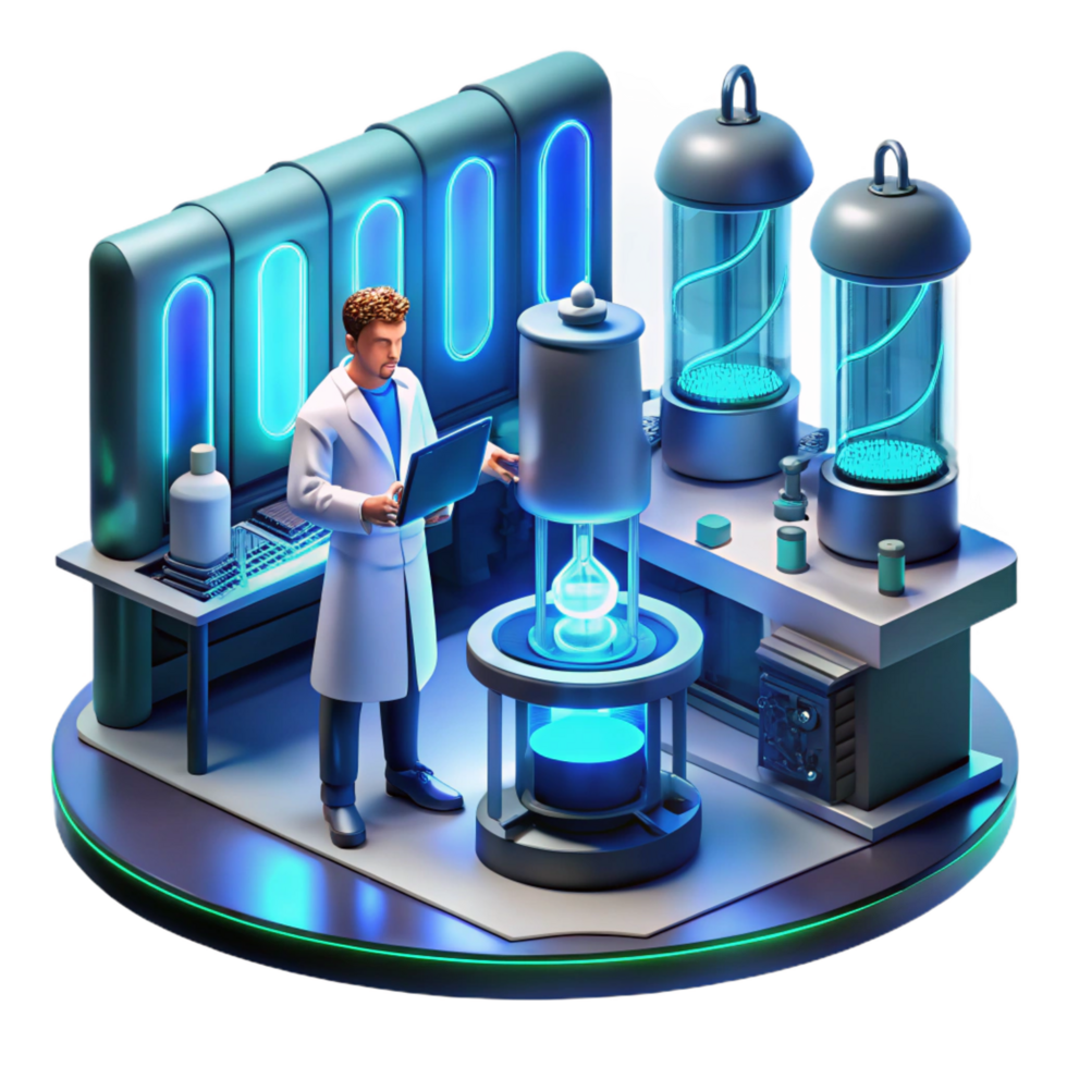 spectacular renaissance A lone scientist working in a futuristic laboratory, surrounded by glowing screens and complex equipment. Cool, blue lighting. Cyberpunk style handcrafted png