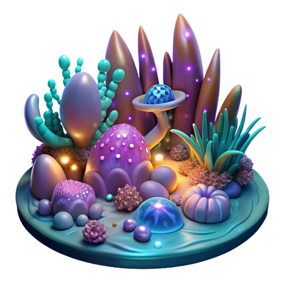 spectacular dramatic organic A vibrant, alien ecosystem, teeming with strange, bioluminescent flora and fauna, illuminated by the soft glow of a nearby nebula. Fantasy art style elite png