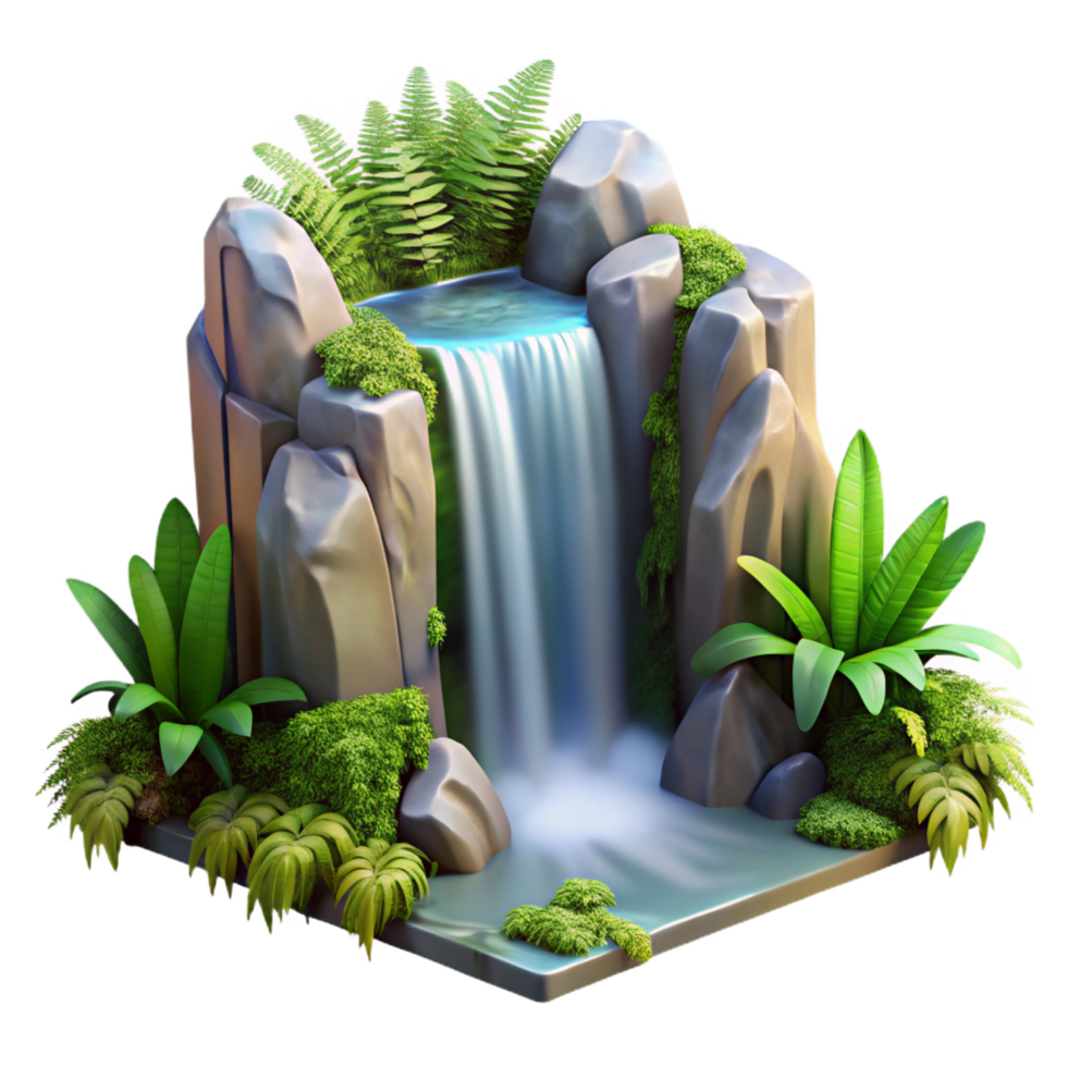 dramatic distinctive A cascading waterfall surrounded by lush green ferns, dappled sunlight, romantic style png