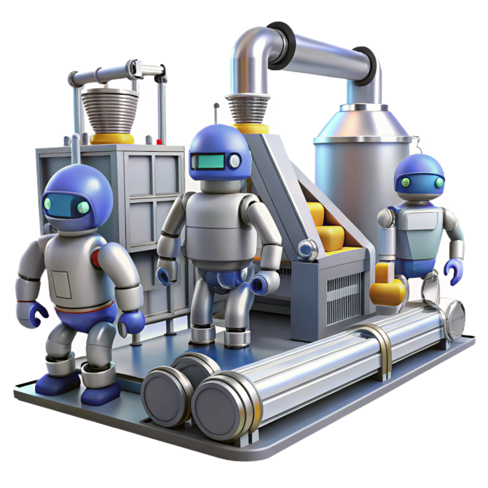 wonderful minimalist A group of robots working in a futuristic factory, industrial lighting, photorealistic, high resolution png