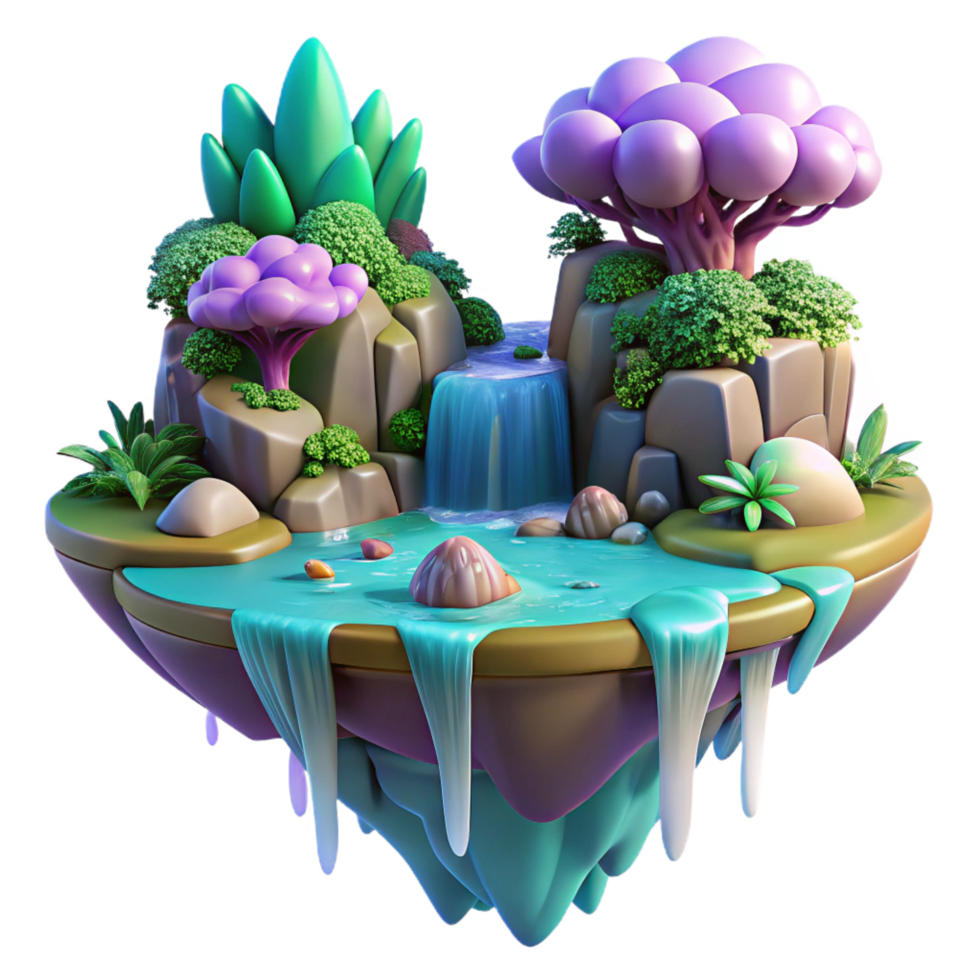 stunning memorable A floating island with waterfalls cascading down, lush vegetation, vibrant fantasy colors, dreamlike atmosphere, floating rocks, magical realism png