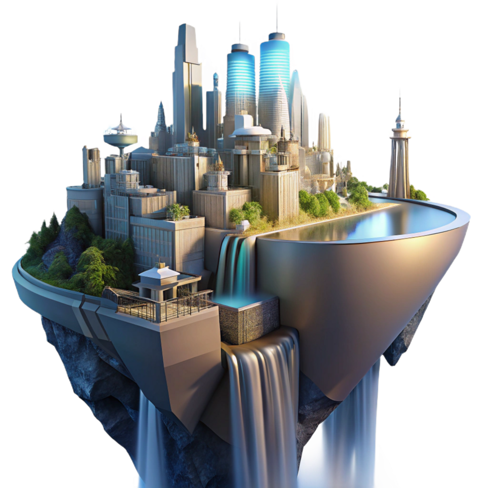 majestic contemporary A futuristic city, built on the side of a cliff, with waterfalls cascading down its walls, illuminated by the soft light of dawn. Sunrise lighting, matte painting style original png