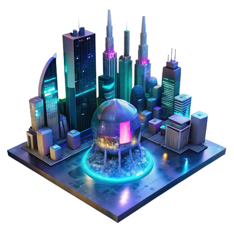 vibrant inspired A futuristic cityscape at night, towering holographic advertisements shimmering in the rain, cyberpunk style, neon lights reflecting in puddles, viewed from a low angle png