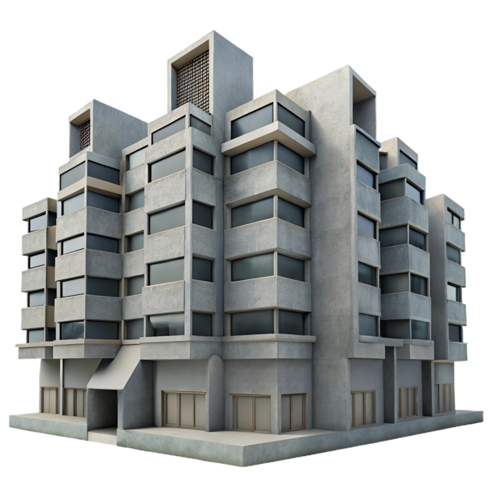 reflective fascinating A Brutalist concrete apartment complex, overcast sky, muted color palette, stark geometric forms, repetitive patterns, gritty urban realism gallery standard png