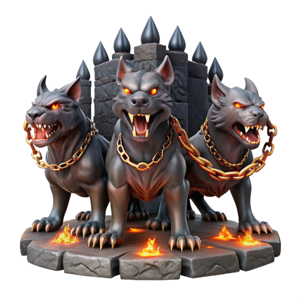 passionate radiant A fierce, three headed Cerberus guarding the gates of the underworld, chains made of glowing embers, dramatic chiaroscuro lighting. Dark fantasy painting style premium png