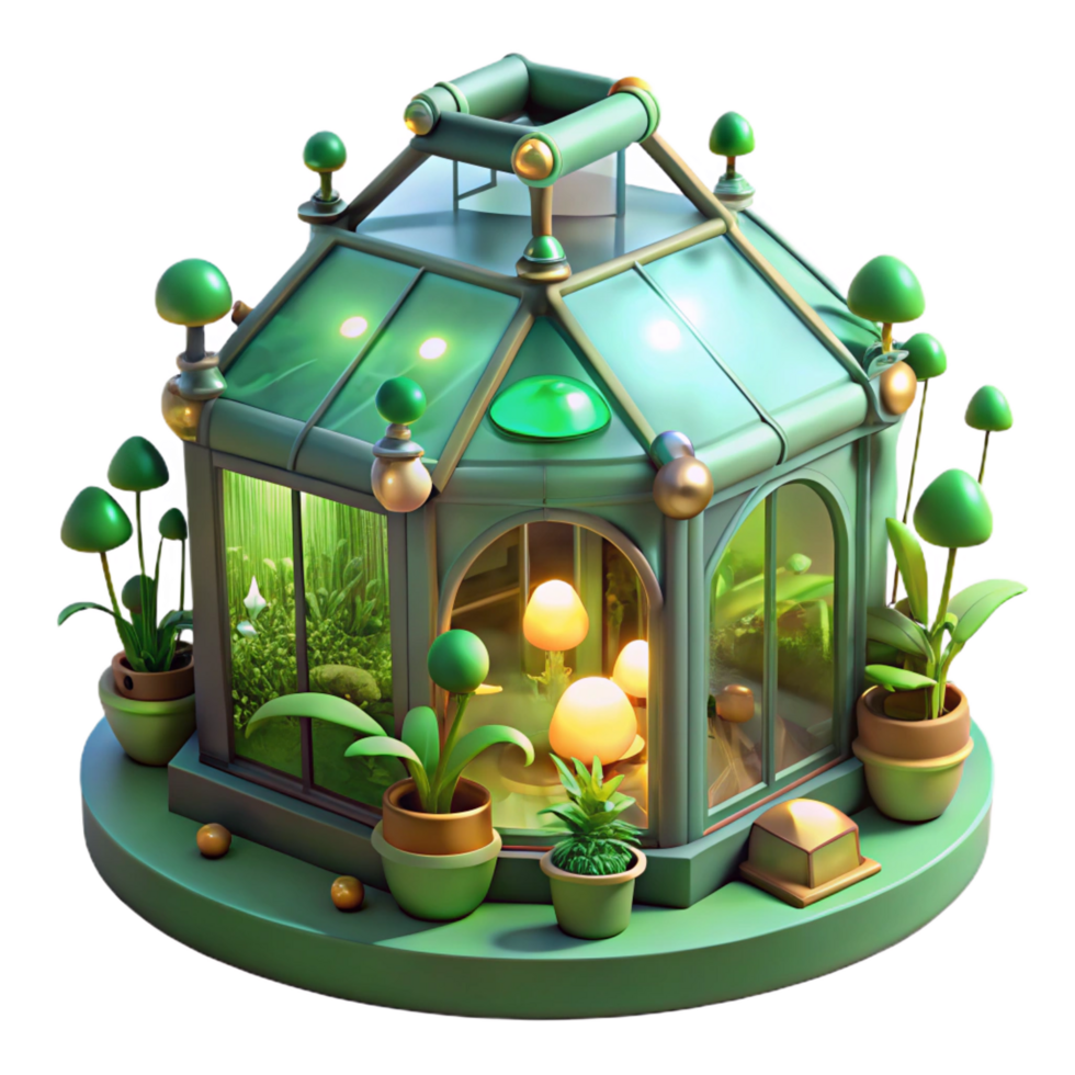 serene timeless A steampunk greenhouse, filled with exotic mechanical plants and glowing fungi, bathed in soft green light. Whimsical, fantasy style png