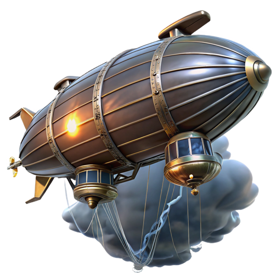 immaculate unforgettable A steampunk zeppelin soaring through a storm filled sky, illuminated by flashes of lightning and the glow of its internal lights. Dramatic lighting, cinematic style png