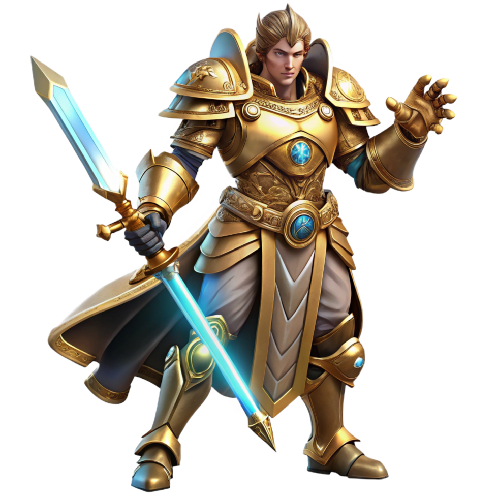 joyful radiant A fierce steampunk warrior, clad in ornate brass armor, wielding a Tesla powered sword, against a backdrop of smoke and embers, dynamic lighting, comic book style high quality png