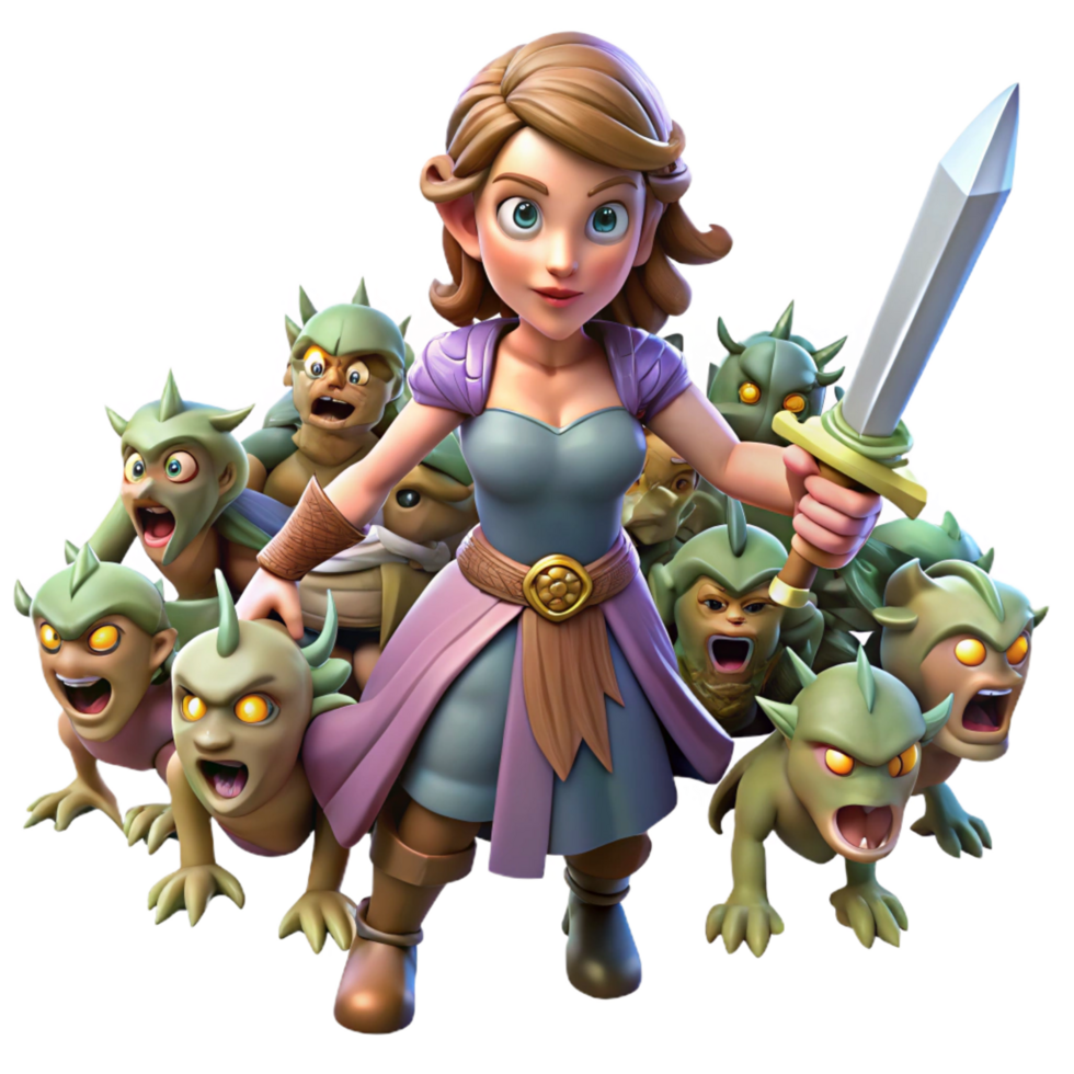 vibrant classic A courageous warrior princess wielding a magical sword, standing defiant against a horde of goblins. Dynamic, action packed composition, comic book style artisan png