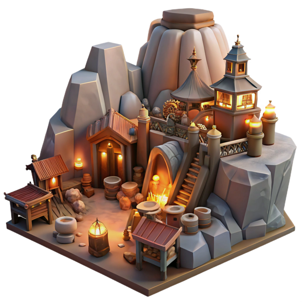 wonderful industrial A bustling marketplace in a dwarven city carved into the side of a mountain, warm firelight and lantern light, in a detailed steampunk style museum quality png