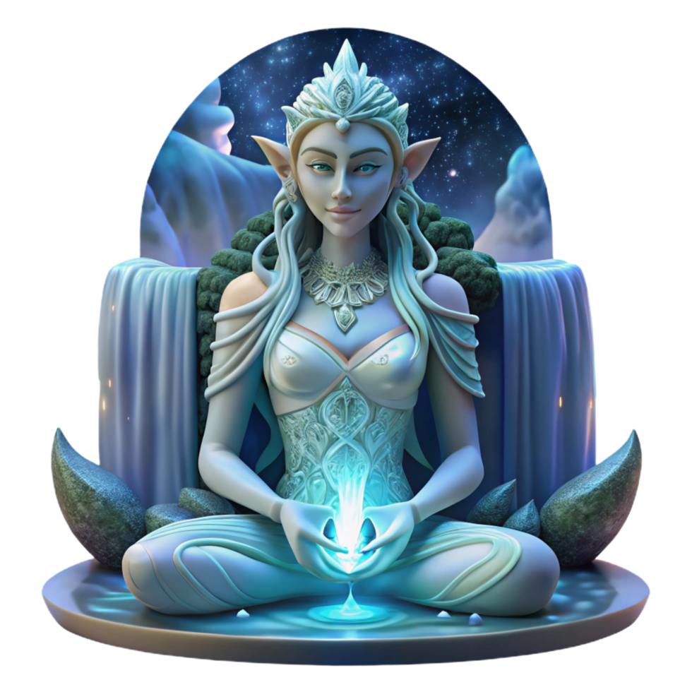 stunning timeless A beautiful elf with intricate floral tattoos meditating beneath a cascading waterfall of moonlight, ethereal, glowing lighting, Art Nouveau style png