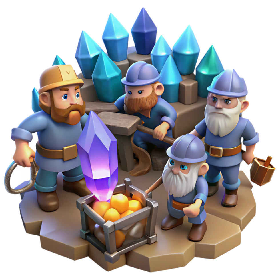 beautiful coveted A group of dwarves mining for gems in a cavern lit by glowing crystals, intricate details, realistic style png