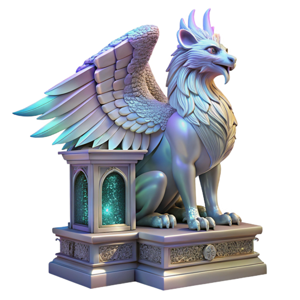 immaculate minimalist A majestic griffin with iridescent feathers, perched atop a crumbling marble altar, bathed in ethereal moonlight. Art Nouveau style high resolution png