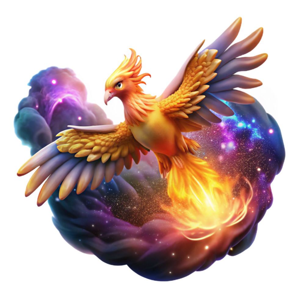 inspired contemporary A celestial phoenix rising from its ashes amidst a nebula of swirling colors, illuminated by the light of a distant galaxy. Cosmic horror style crisp png
