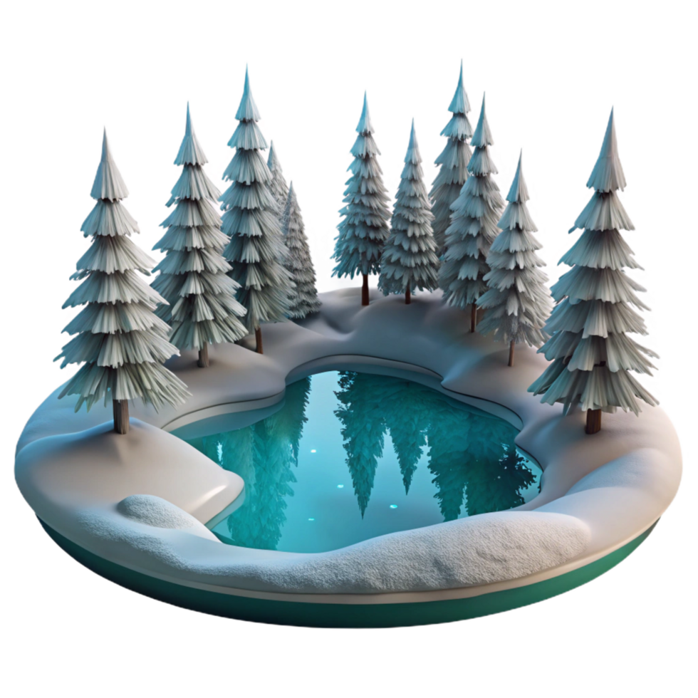 coveted bohemian A frozen lake reflecting a snow covered forest, serene and peaceful, winter landscape photography style elite png