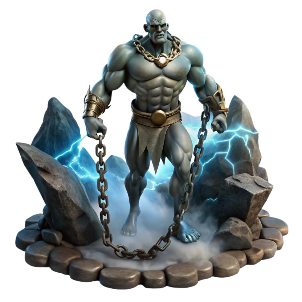 breathtaking creative A powerful Titan chained to a mountaintop, dark and stormy atmosphere, Romantic painting style original png