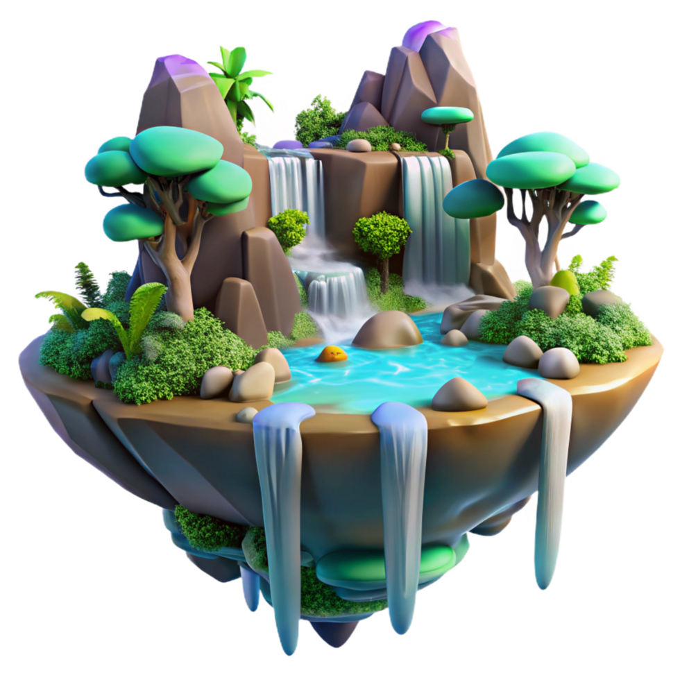 passionate splendid A floating island with waterfalls cascading down, lush vegetation, vibrant fantasy colors, dreamlike atmosphere, floating rocks, magical realism top tier png