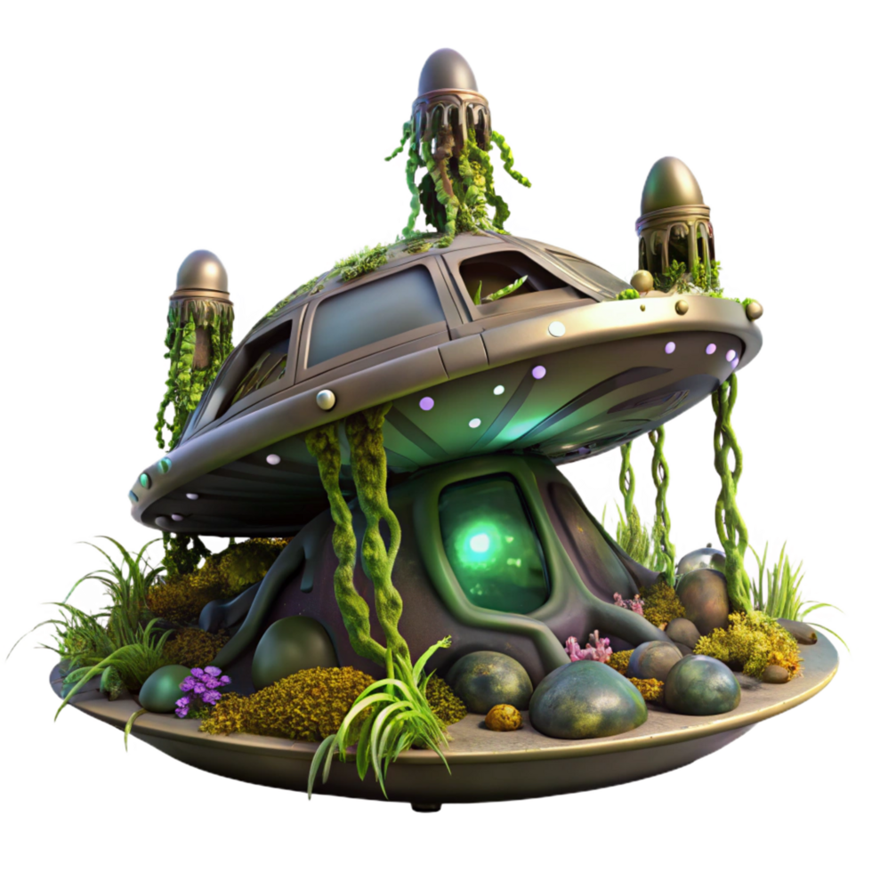 whimsical glorious A decaying, abandoned spaceship, overgrown with alien vines and bioluminescent fungi, rests on a desolate, alien planet. Dark fantasy style 4K png