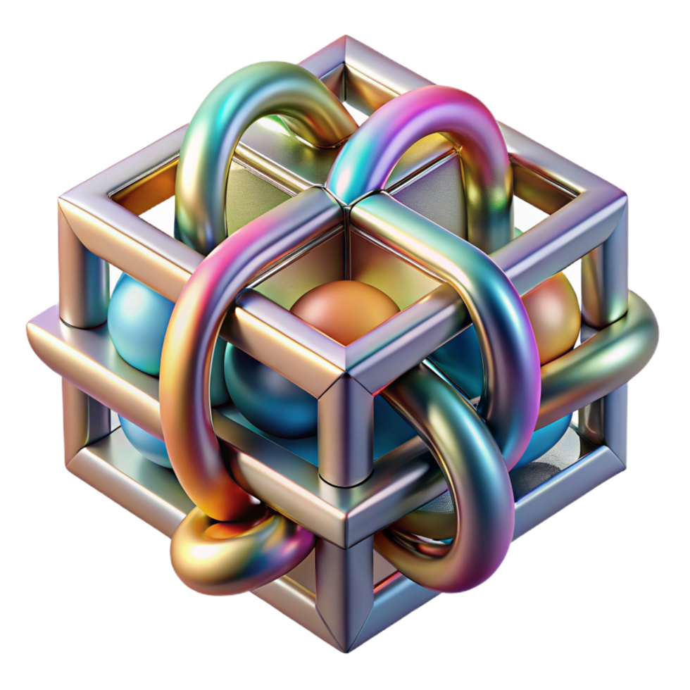 mesmerizing unforgettable A complex, layered composition of geometric shapes and lines, with a metallic texture and a vibrant, rainbow color scheme. Global illumination png