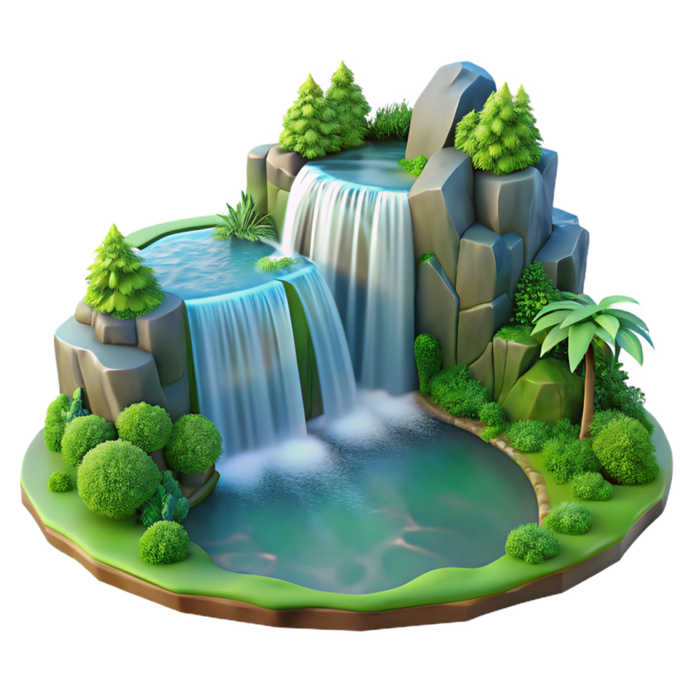 melancholic pristine A cascading waterfall plunging into a crystal clear pool, surrounded by lush greenery, long exposure photography style 8K png