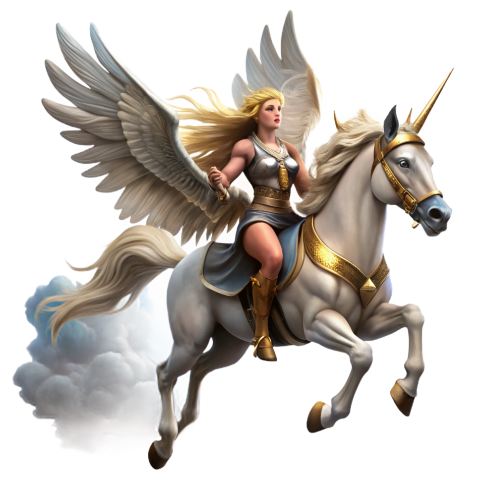 captivating dramatic creative A fierce Valkyrie riding a winged horse, stormy sky, dramatic lighting, Norse mythology style sharp png