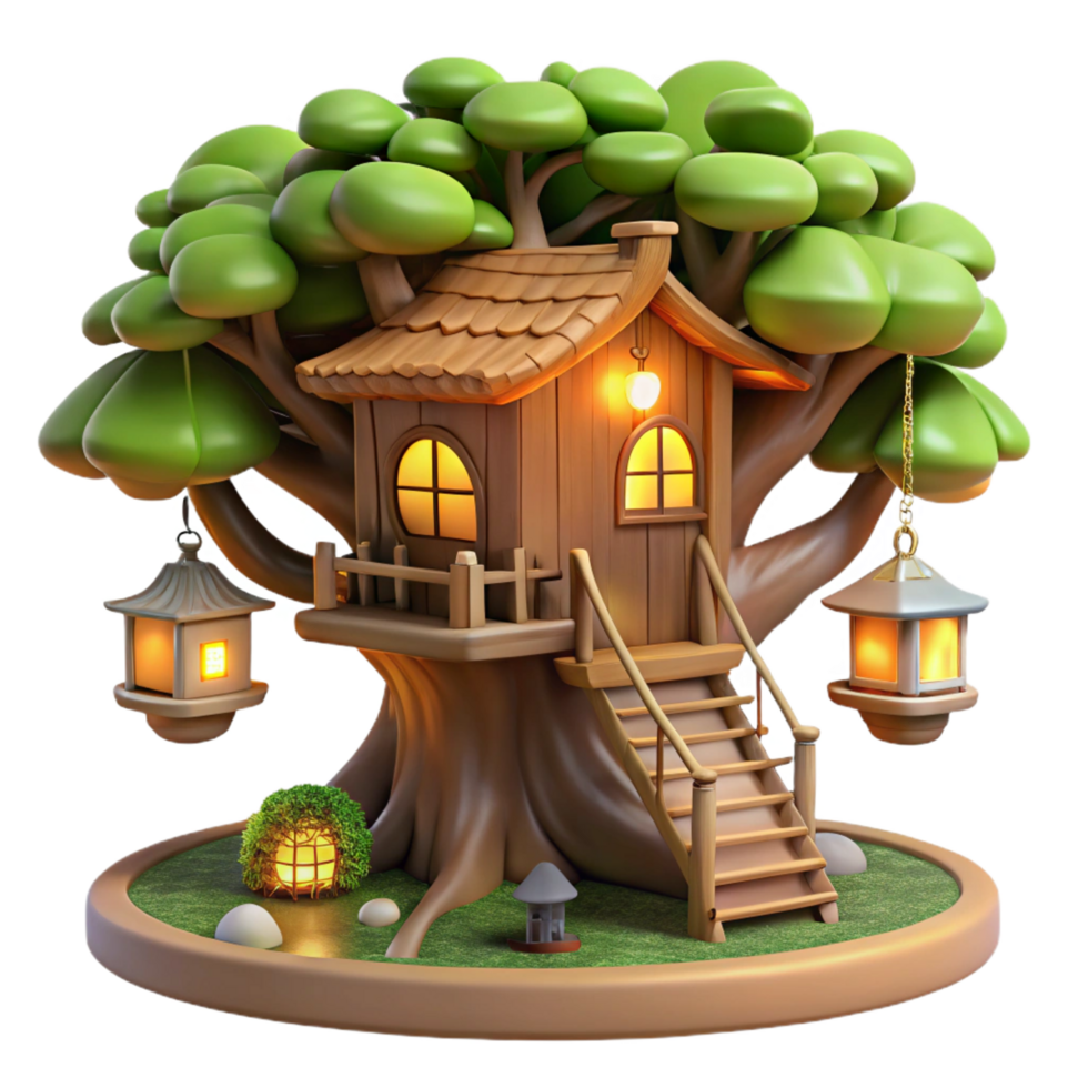 radiant renaissance A treehouse built into a giant redwood tree, rustic wood construction, glowing lanterns, magical and whimsical refined png