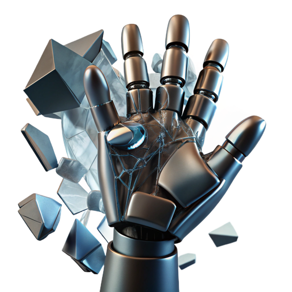 timeless victorian A robotic hand reaching out from a shattered screen, sharp shards of glass reflecting the surrounding environment, dark and gritty style elite png