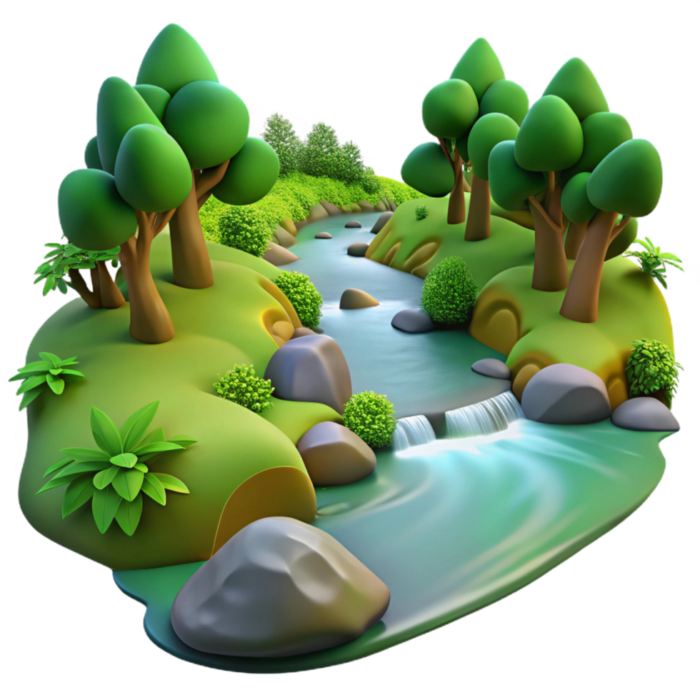 remarkable surreal A babbling brook flowing through a lush forest, long exposure, soft, diffused light, tranquil atmosphere, precision png