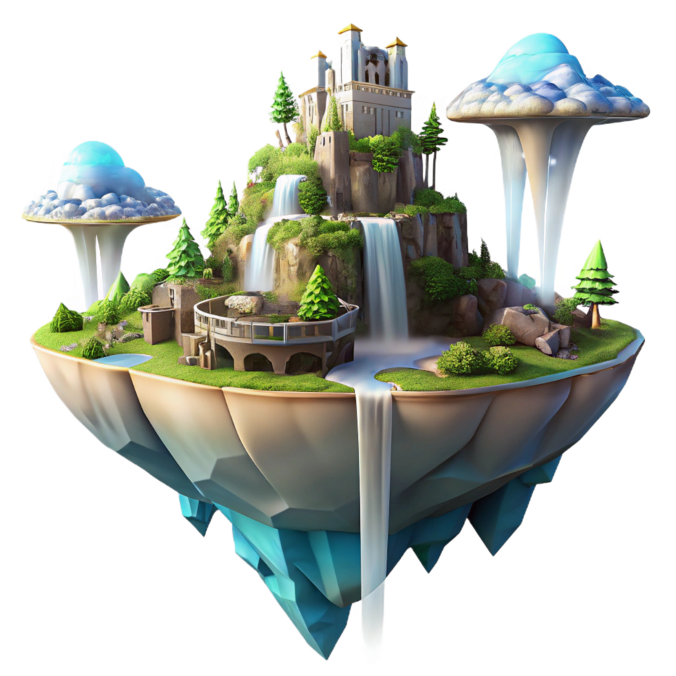 ethereal immaculate A floating island city with waterfalls cascading down its sides, bright midday sunlight, digital painting style fine detail png