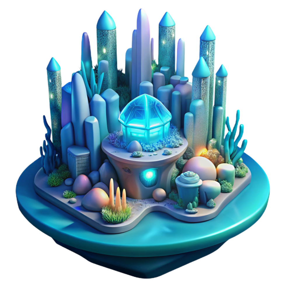 alluring unforgettable A futuristic city built underwater, bioluminescent coral and glowing structures, fantasy art style png