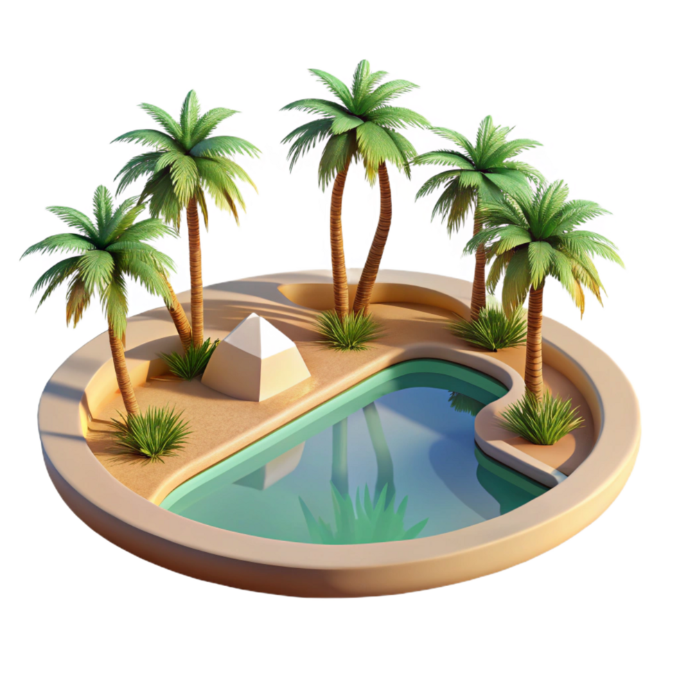iconic abstract A desert oasis with palm trees and a reflecting pool, bright midday sunlight, photorealistic render fine detail png