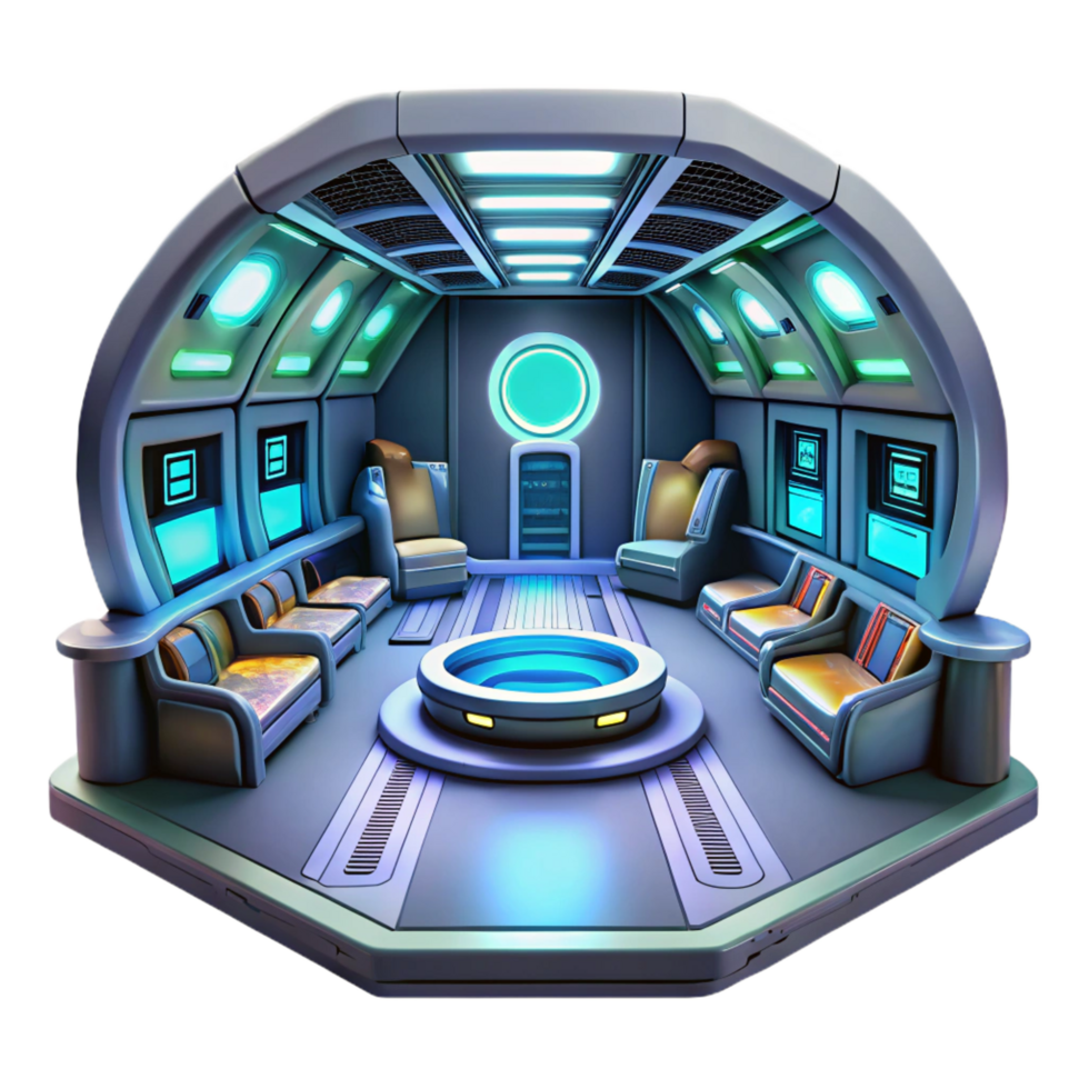 radiant retro A futuristic spaceship interior, glowing panels and displays, sleek and minimalist style, cinematic lighting museum quality png