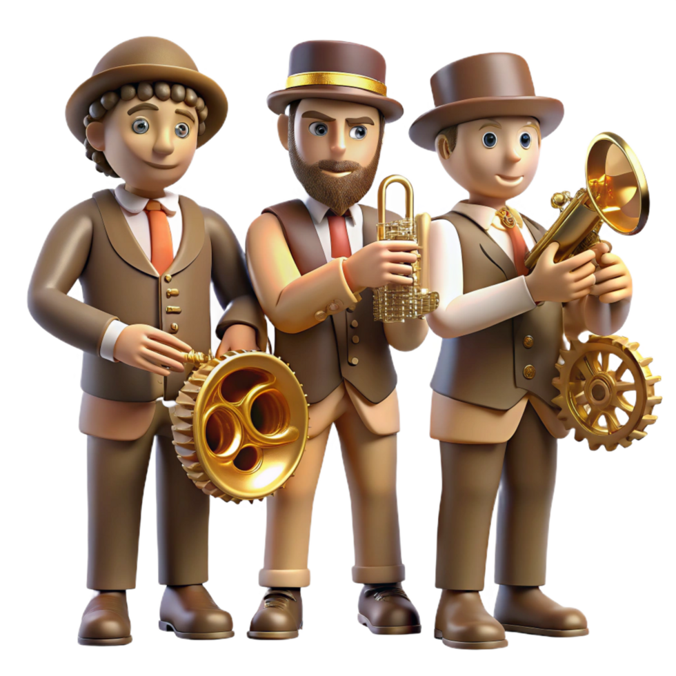 inspired elegant A group of steampunk musicians, playing brass instruments adorned with gears, in a dimly lit tavern, warm lighting, jazz age style handcrafted png