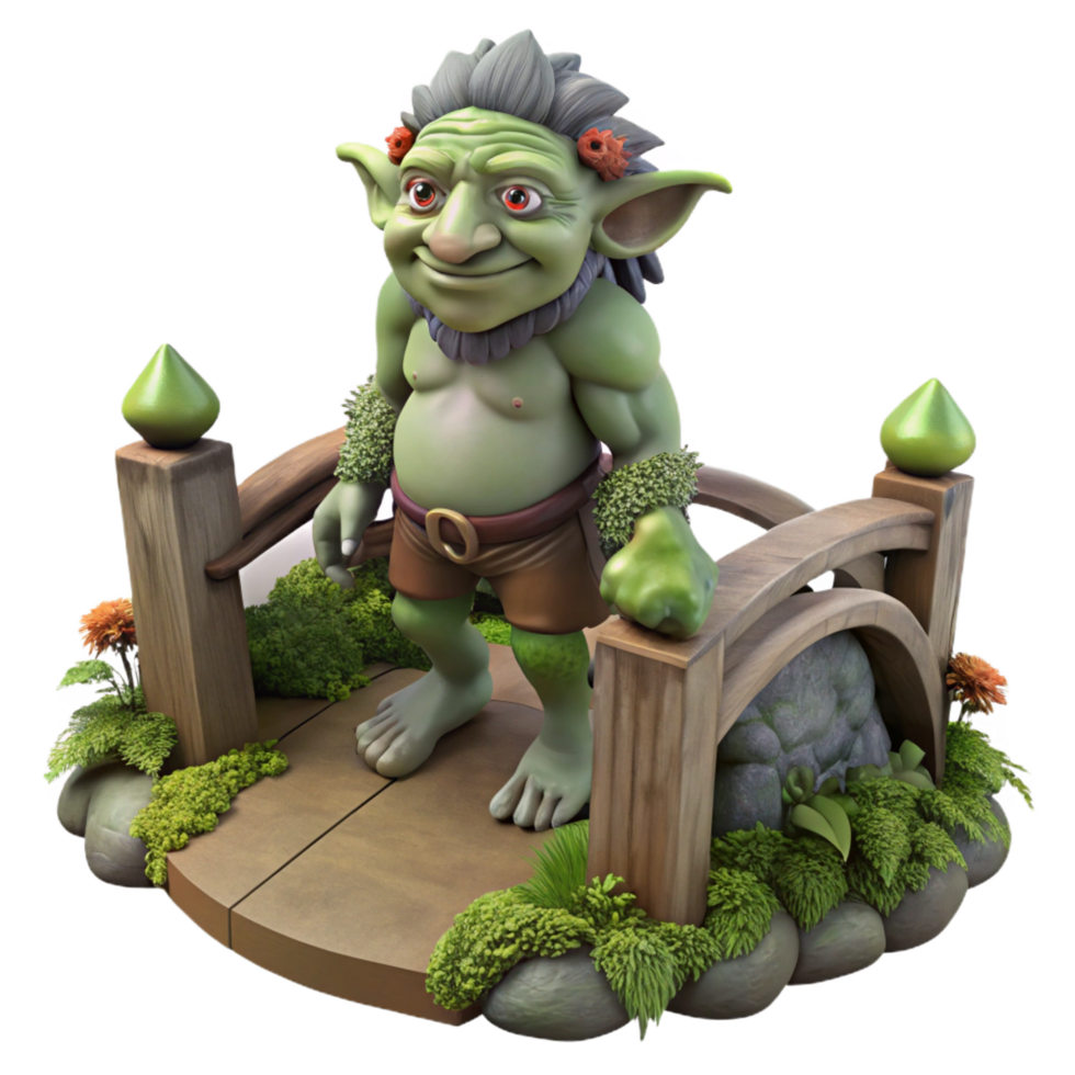 exemplary traditional A wise old troll guarding a bridge, mossy and overgrown setting, fantasy art style original png